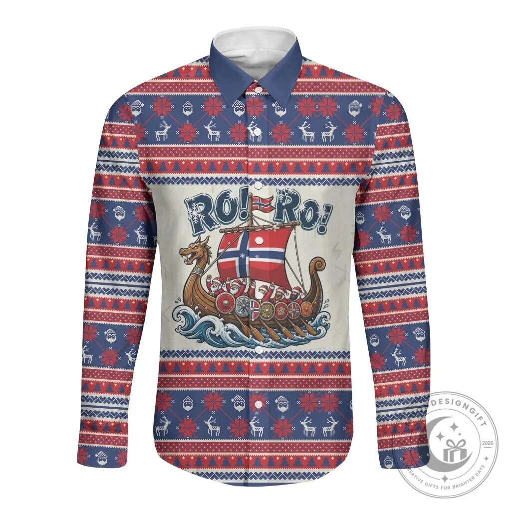 Norway Christmas Viking Ship Ro Ro Santa Claus Pattern Long-Sleeve Button Shirt 6 Norway Christmas Viking Ship Ro Ro Santa Claus Pattern Long-Sleeve Button Shirt