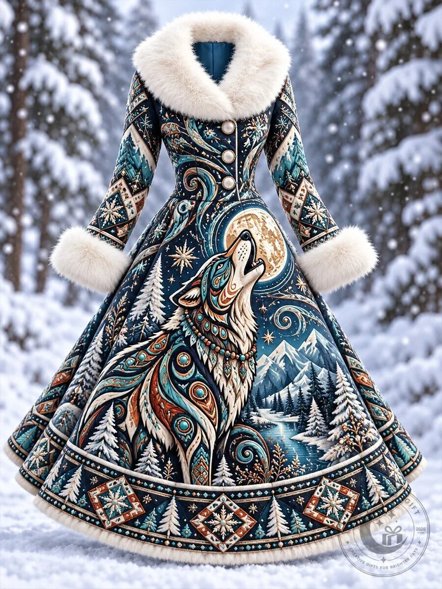 Winter Wolf Howling at Moon Forest Scene Fur Trimmed Long Sleeve Dress 2 Winter Wolf Howling at Moon Forest Scene Fur Trimmed Long Sleeve Dress