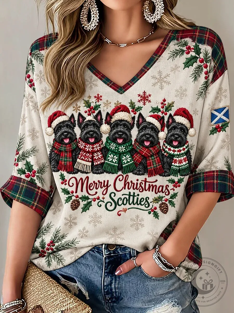 Merry Christmas Scotties Scottish Terrier Dogs Holiday Women's T-Shirt