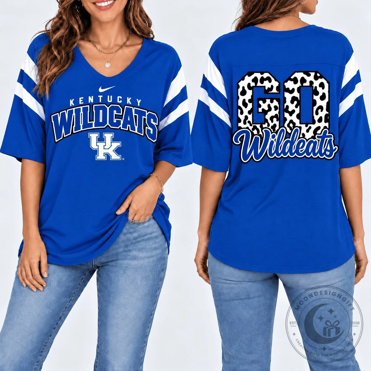 Kentucky Wildcats Shirt Women’s Blue V-Neck Leopard Print Game Day T-Shirt