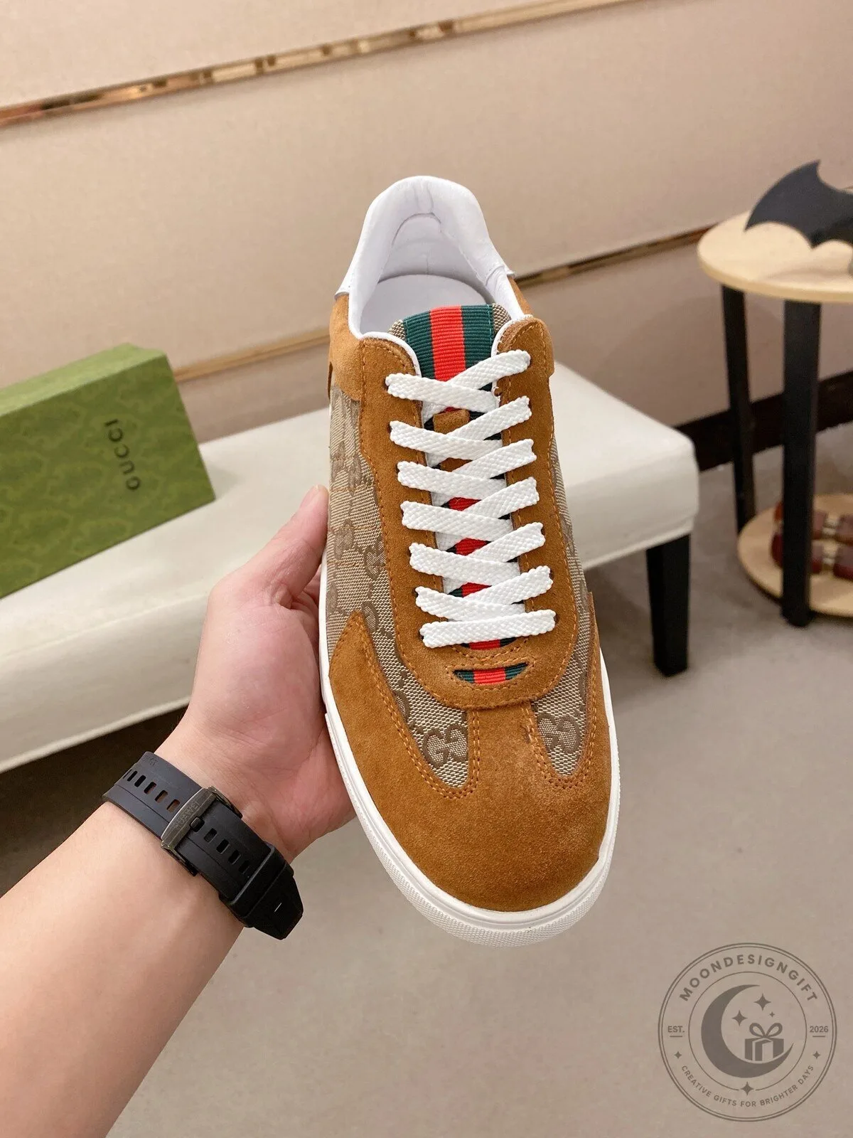 Gucci Brown Monogram Canvas and Suede Low Top Sneakers with Red and Green Stripe