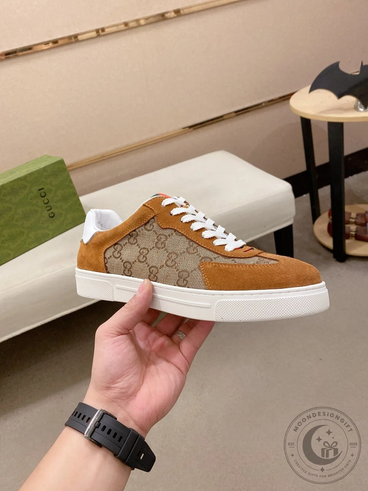 Gucci Brown Monogram Canvas and Suede Low Top Sneakers with Red and Green Stripe 10 Gucci Brown Monogram Canvas and Suede Low Top Sneakers with Red and Green Stripe