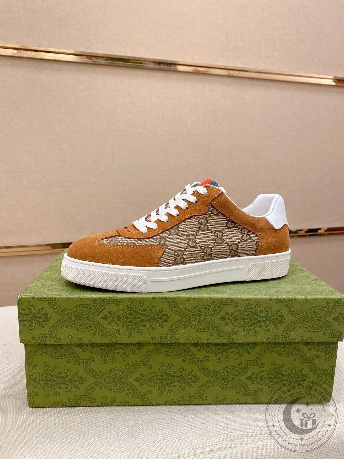 Gucci Brown Monogram Canvas and Suede Low Top Sneakers with Red and Green Stripe 11 Gucci Brown Monogram Canvas and Suede Low Top Sneakers with Red and Green Stripe