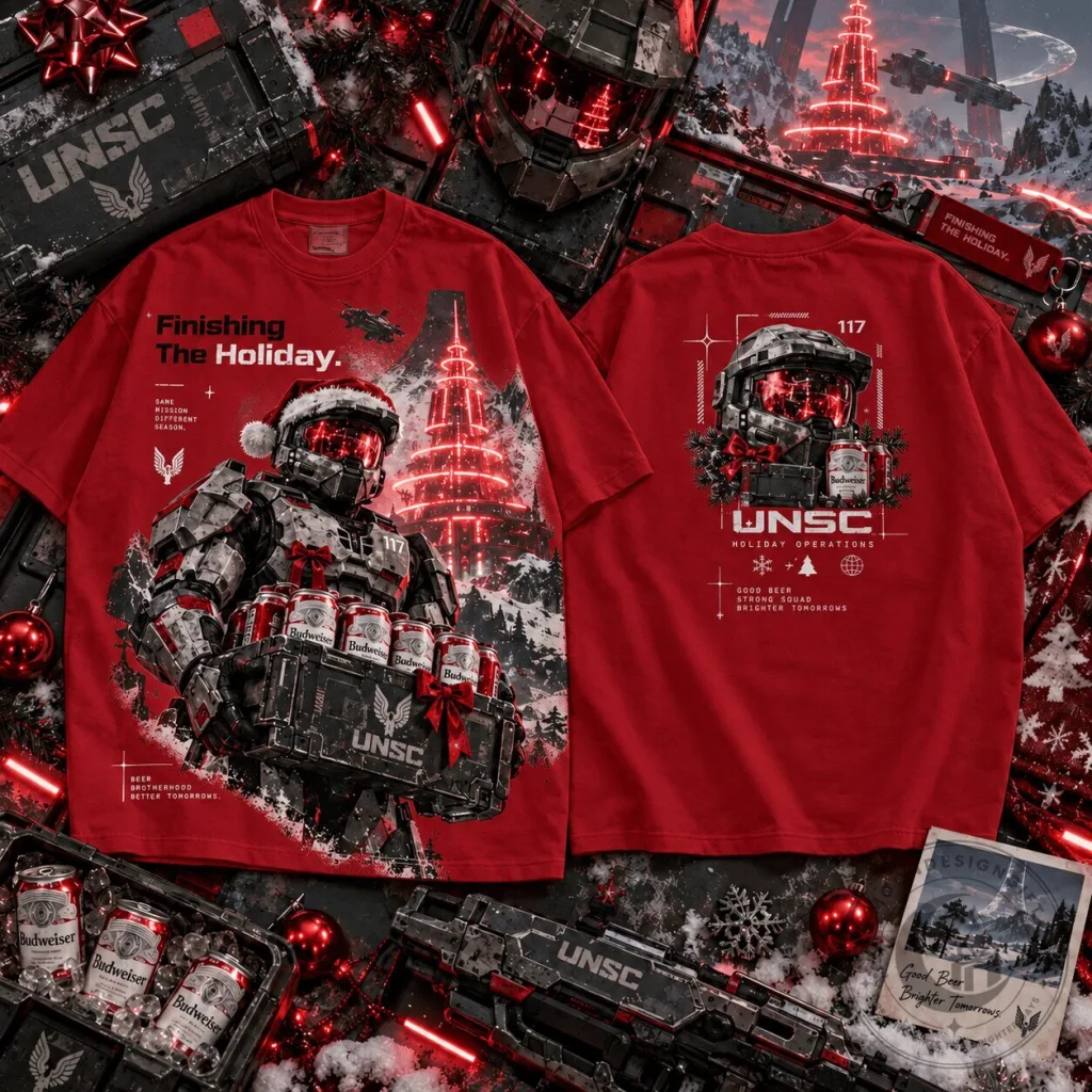 Halo Master Chief Christmas Holiday Budweiser Beer Red T-Shirt for Gamers Halo Master Chief Christmas Holiday Budweiser Beer Red T-Shirt for Gamers