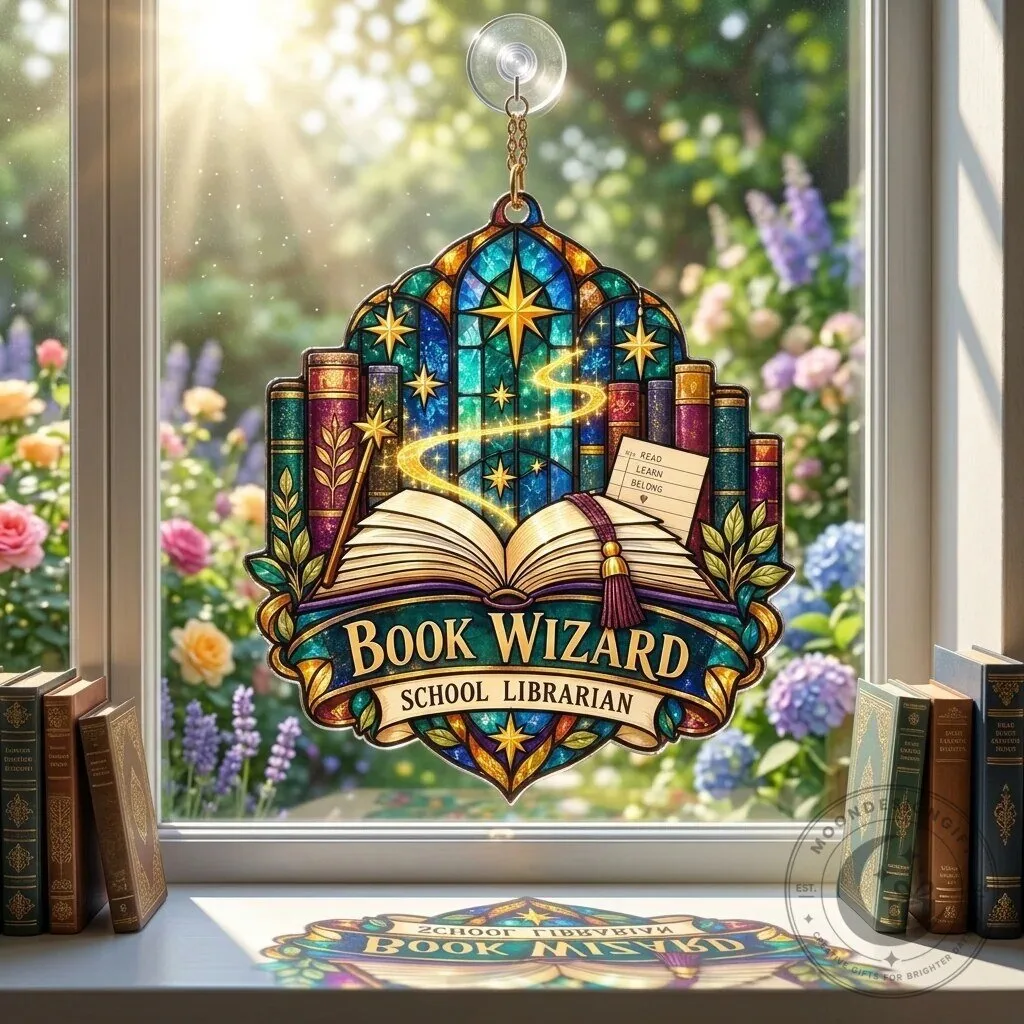 Book Wizard School Librarian Stained Glass Style Acrylic Suncatcher 1 Book Wizard School Librarian Stained Glass Style Acrylic Suncatcher
