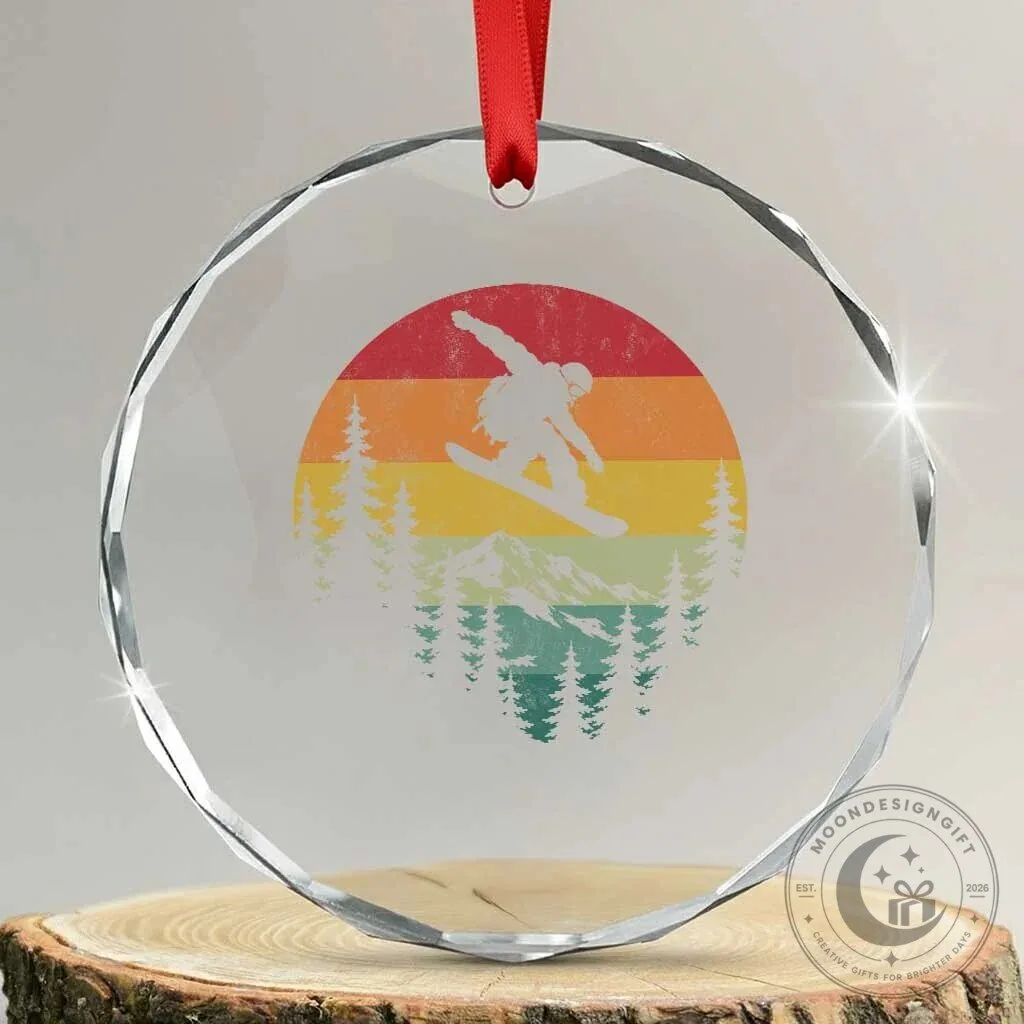 Vintage Snowboarding Sunset Mountain Crystal Glass Christmas Tree Ornament