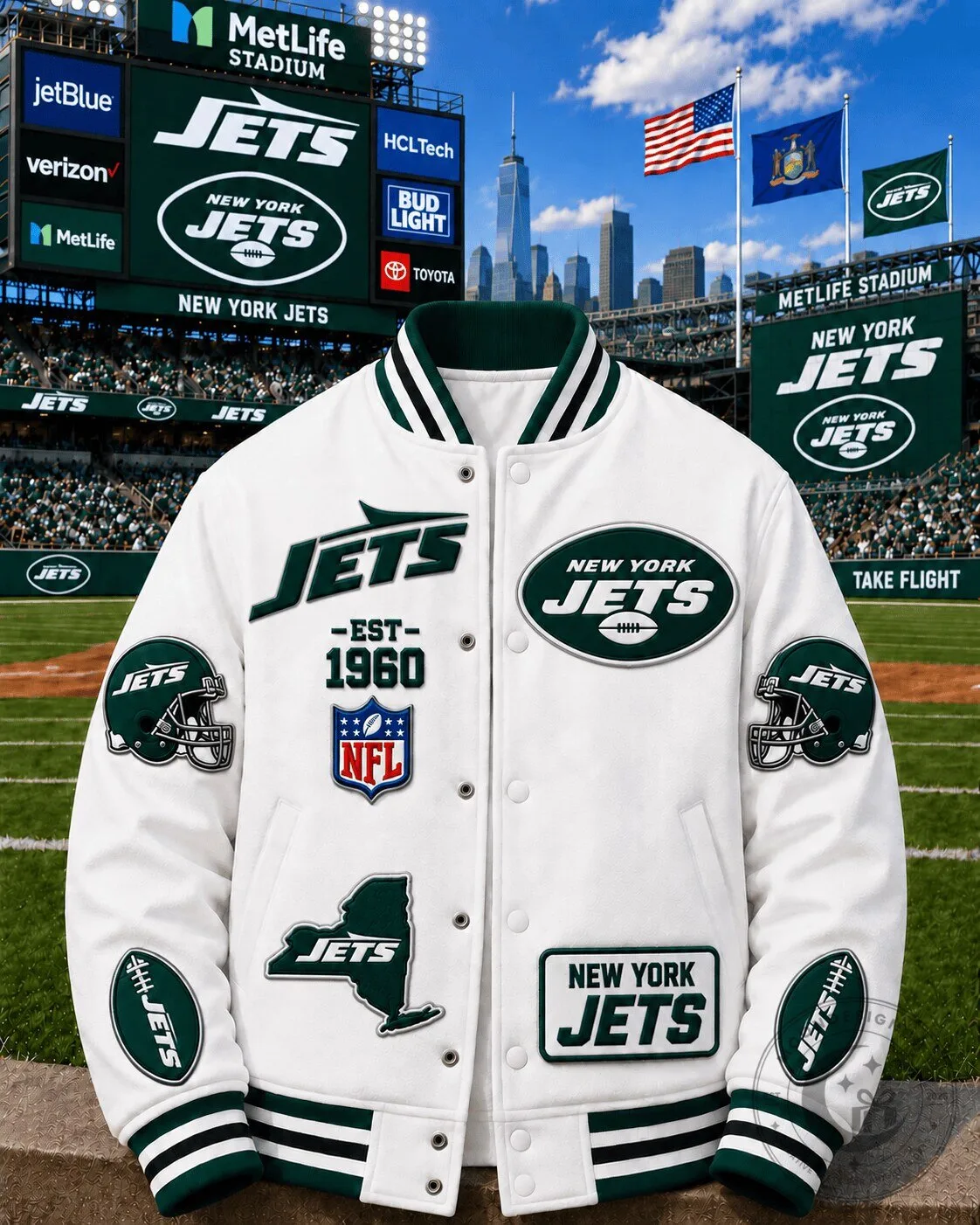 New York Jets American Football Team White Varsity Jacket