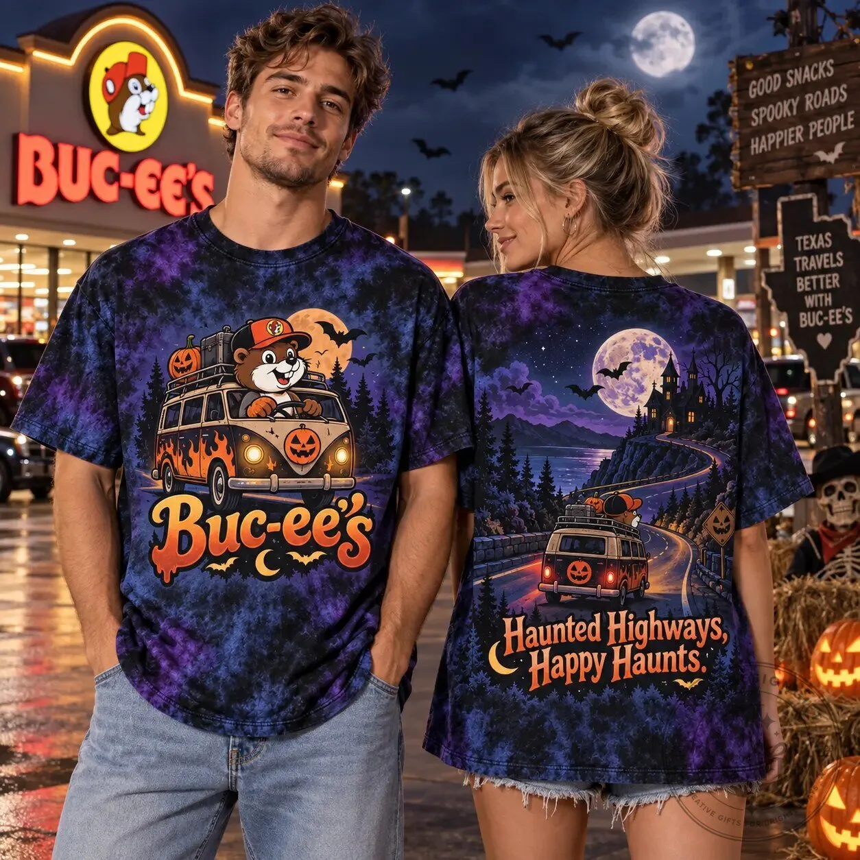 Buc-ee's Halloween Haunted Highways Happy Haunts Tie-Dye T-Shirt 5 Buc-ee